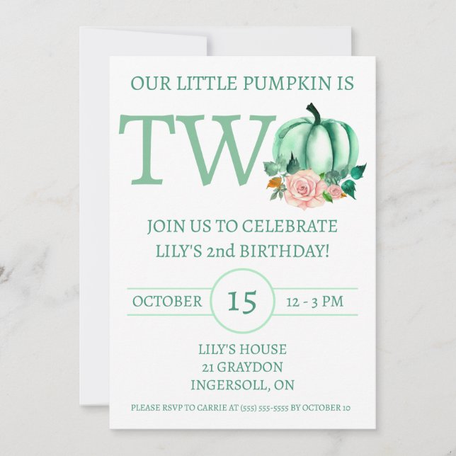 Our Little Pumpkin is TWO Mint/Pink Birthday Party Invitation (Front)