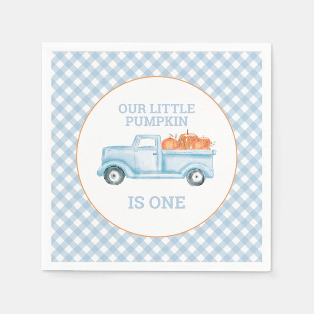 Our Little Pumpkin light blue truck first birthday Napkin (Front)