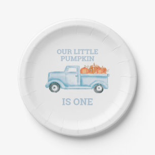 Our Little Pumpkin light blue truck first birthday Paper Plate
