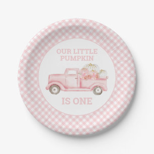 Our Little Pumpkin light pink truck first birthday Paper Plate