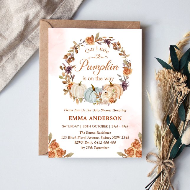 Our Little Pumpkin Orange Floral Gold Baby Shower  Invitation (Creator Uploaded)