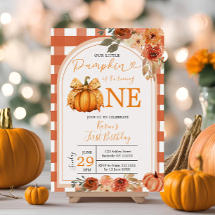 Our Little Pumpkin Orange Gingham 1st Birthday Invitation