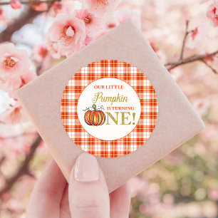 Our Little Pumpkin Orange plaid first birthday Classic Round Sticker