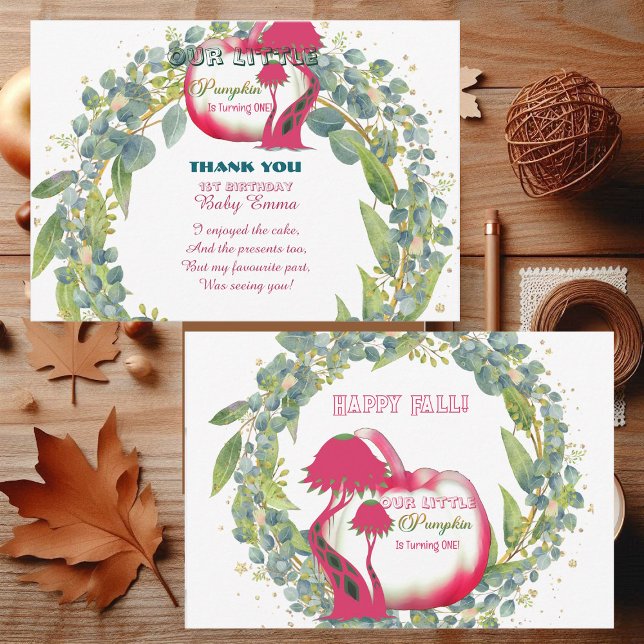 Our Little Pumpkin Pink 1st Birthday Green Wreath  Thank You Card (Our Little Pumpkin Pink 1st Birthday Green Wreath Thank You Card)