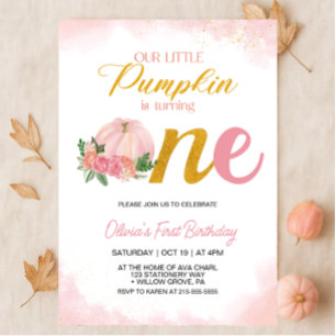 Our Little Pumpkin Pink and Gold Girl 1st Birthday Invitation