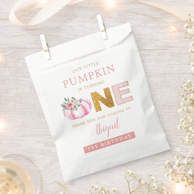 Our Little Pumpkin Pink Floral Girl 1st Birthday Favour Bag (Clipped)
