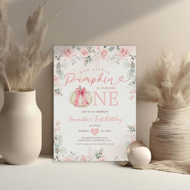 Our Little Pumpkin Pink Floral White 1st Birthday Invitation (Creator Uploaded)