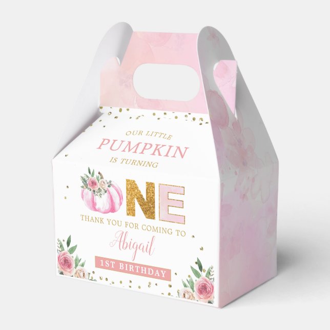 Our Little Pumpkin Pink Gold Floral 1st Birthday Favour Box (Front Side)