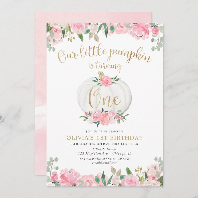 Our little pumpkin pink gold floral 1st birthday invitation (Front/Back)