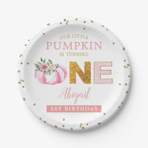 Our Little Pumpkin Pink Gold Floral 1st Birthday Paper Plate