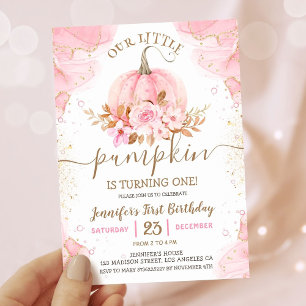 Our Little Pumpkin   Pink Gold Girl 1st Birthday Invitation