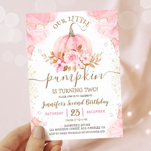 Our Little Pumpkin Pink Gold Girl 2nd Birthday Invitation