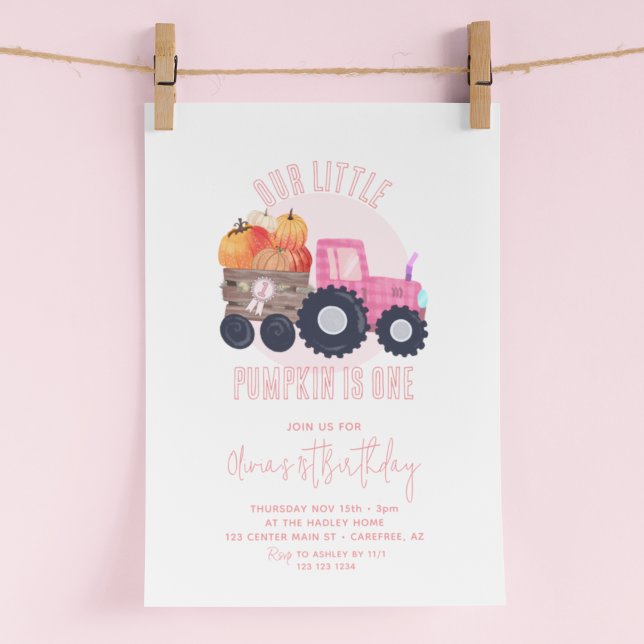 Our Little Pumpkin Pink Tractor  1st Birthday Invitation (Creator Uploaded)