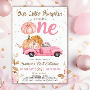 Our Little Pumpkin   Pink Truck Girl 1st Birthday Invitation