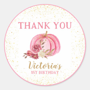 OUR LITTLE PUMPKIN PINK WATERCOLOR 1ST BIRTHDAY CLASSIC ROUND STICKER