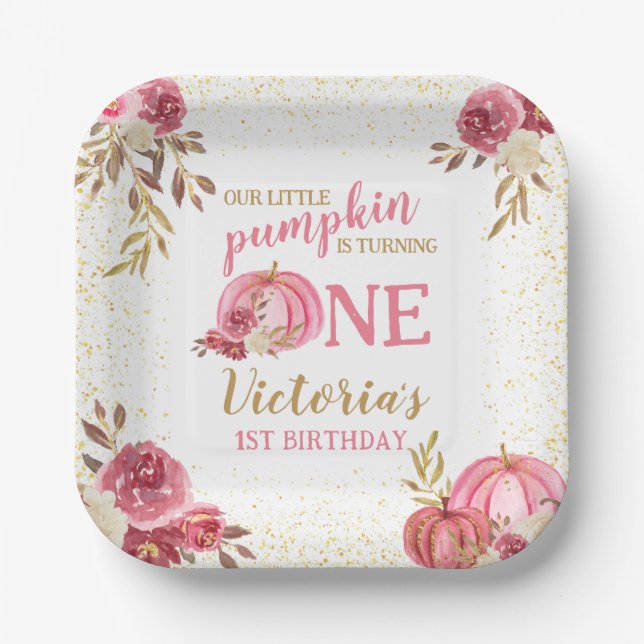OUR LITTLE PUMPKIN PINK WATERCOLOR 1ST BIRTHDAY PAPER PLATE (Front)