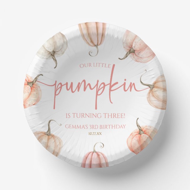 Our Little Pumpkin Pink White Fall Birthday Party Paper Plate (Front)