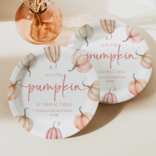 Our Little Pumpkin Pink White Fall Birthday Party Paper Plate