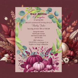 Our Little Pumpkin Purple 1st Birthday Fall Wreath Invitation