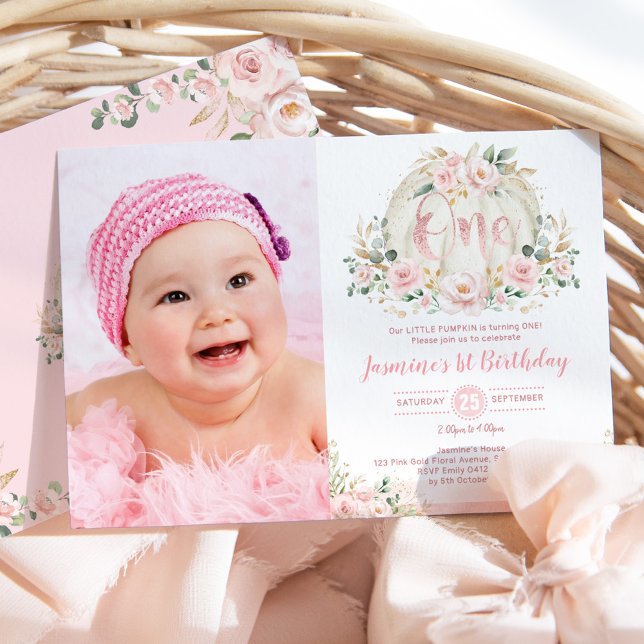Our Little Pumpkin Rose Gold Blush Floral Birthday Invitation (Creator Uploaded)