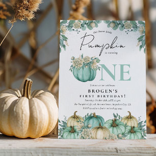 Our Little Pumpkin Teal & White 1st Birthday Invitation