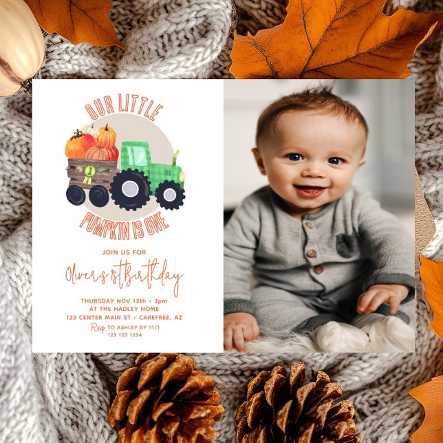 Our Little Pumpkin Tractor 1st Birthday Photo Invitation (Creator Uploaded)