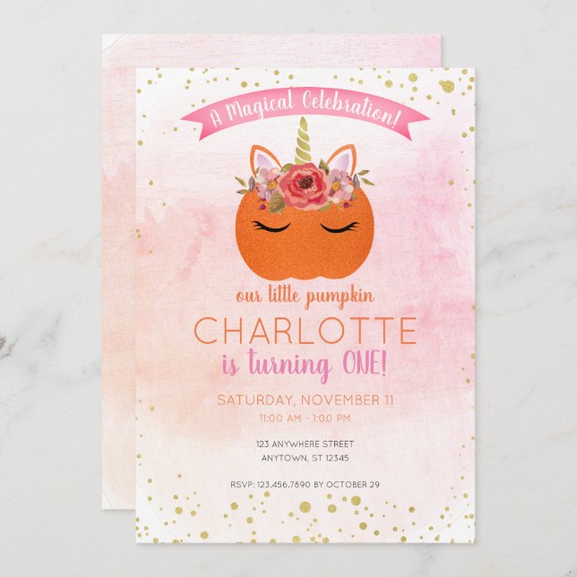 Our Little Pumpkin Unicorn Magical Birthday Invitation (Front/Back)