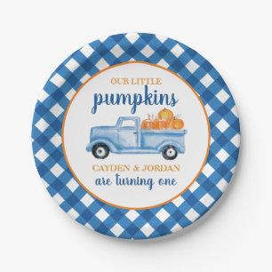 Our Little Pumpkins blue truck twin 1st birthday Paper Plate