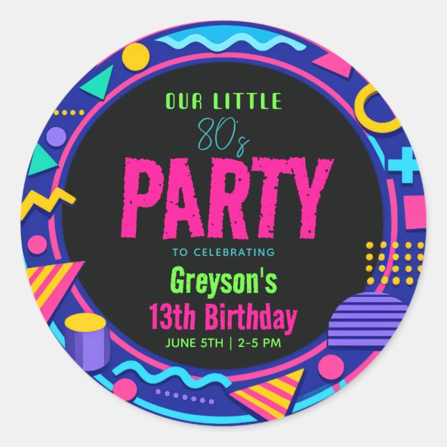 our little Retro Neon 80's Birthday Party Classic Round Sticker (Front)