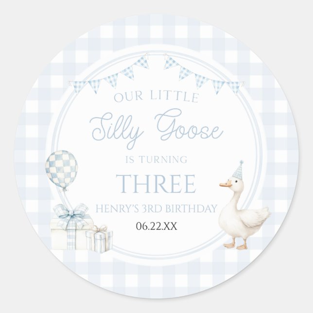 Our Little Silly Goose Blue Birthday Party Classic Round Sticker (Front)