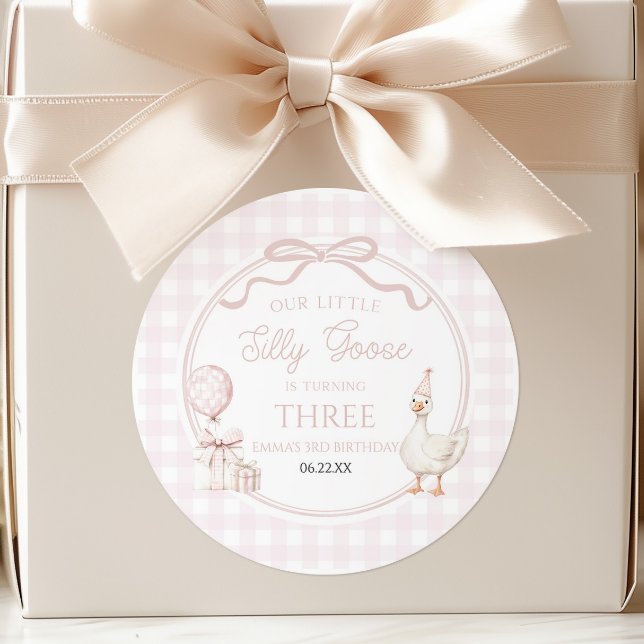 Our Little Silly Goose Pink Bow Birthday Party Classic Round Sticker (Creator Uploaded)