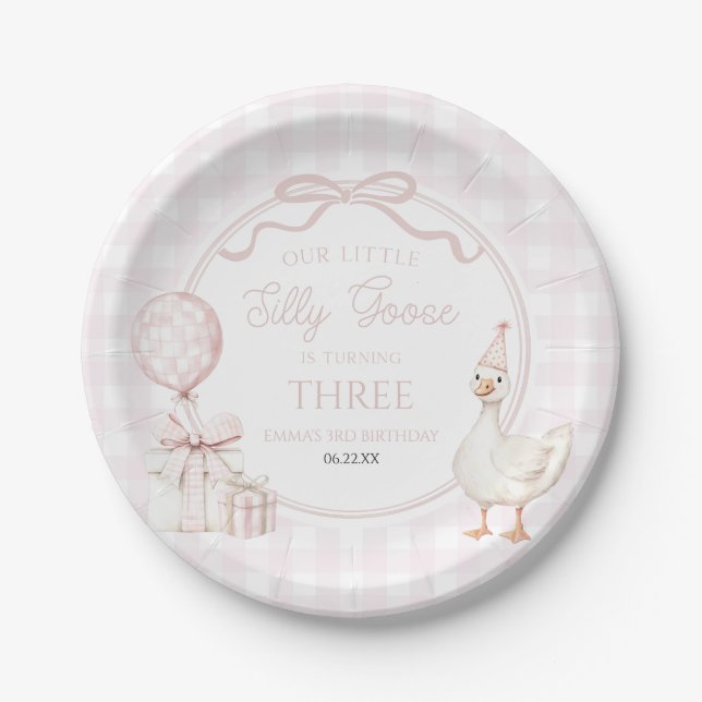 Our Little Silly Goose Pink Bow Birthday Party Paper Plate (Front)