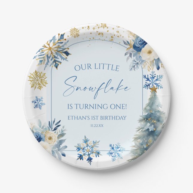 Our Little Snowflake Blue Winter Birthday Party Paper Plate (Front)