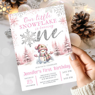 Our Little Snowflake Girl Pink Silver 1st Birthday Invitation