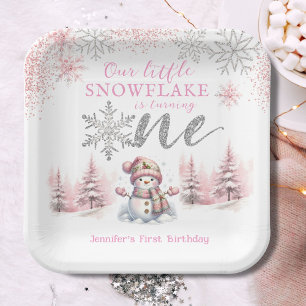 Our Little Snowflake Girl Pink Silver 1st Birthday Paper Plate