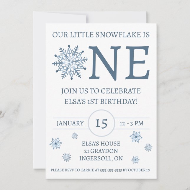 Our Little Snowflake is ONE, Kids' Birthday Party Invitation (Front)