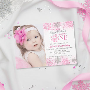 Our Little Snowflake Pink Birthday Girl Photo Invitation