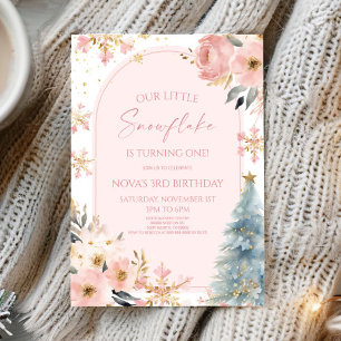 Our Little Snowflake Pink Winter Birthday Party Invitation