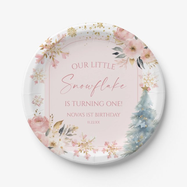Our Little Snowflake Pink Winter Birthday Party Paper Plate (Front)