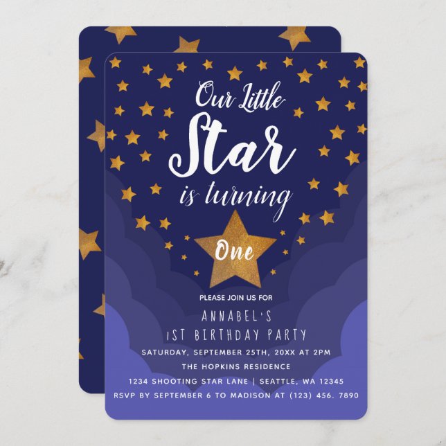 Our little Star is turing one 1st Birthday Invitation (Front/Back)