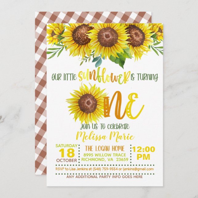 Our Little Sunflower is turning ONE Invitation (Front/Back)