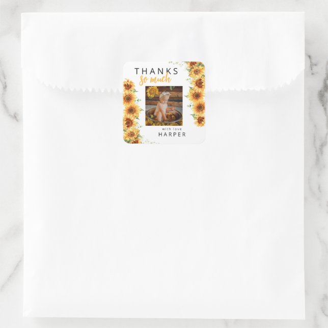 Our Little Sunflower Photo Birthday Thank You Square Sticker (Bag)