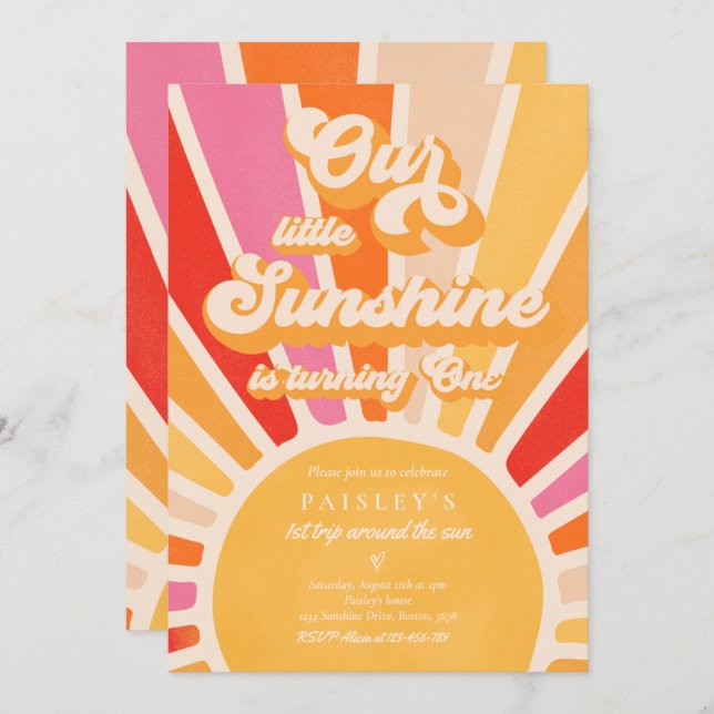 Our Little Sunshine 1st Birthday Bright Rainbow Invitation (Front/Back)