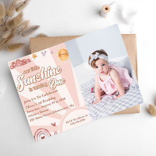 Our Little Sunshine 1st Birthday Rainbow Photo Invitation
