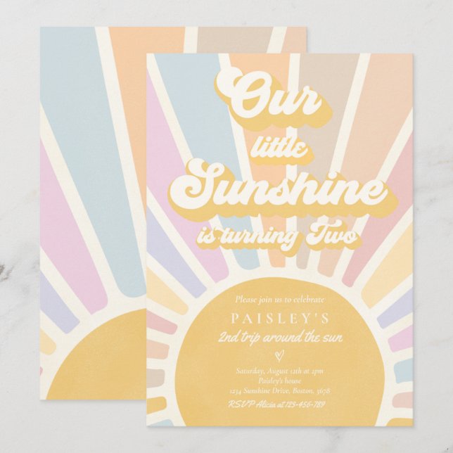 Our Little Sunshine 2nd Birthday Party Retro Pink Invitation (Front/Back)