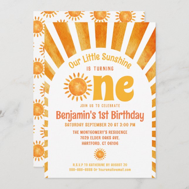 Our Little Sunshine Baby Boy 1st Birthday Party Invitation (Front/Back)