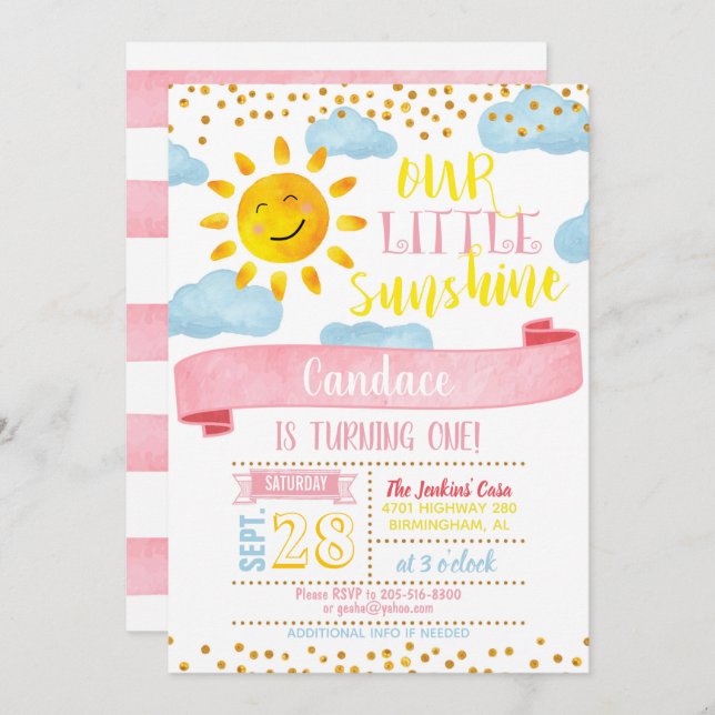 Our Little Sunshine Birthday Invitation - Girl (Front/Back)