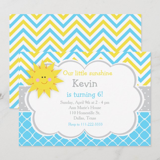 Our little Sunshine Blue and Yellow Birthday Party Invitation (Front/Back)