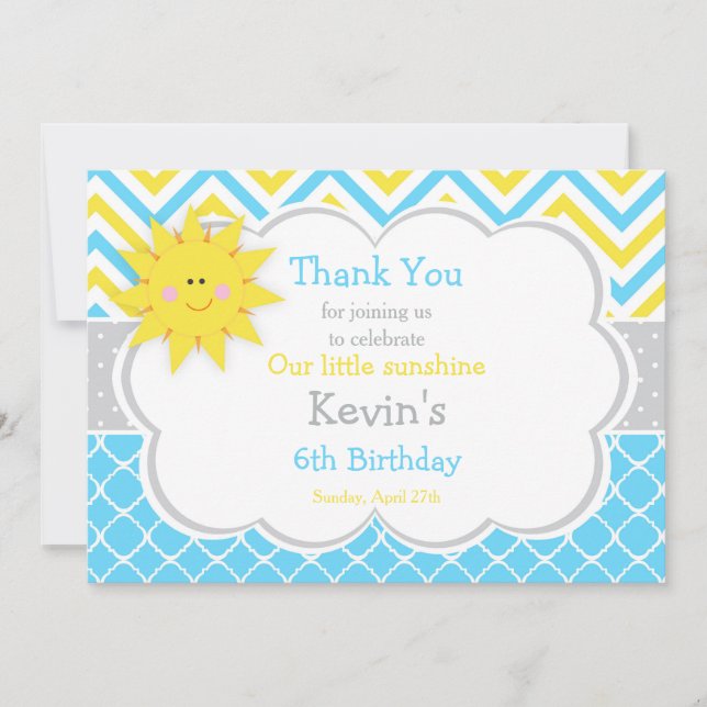 Our little Sunshine Blue and Yellow Birthday Thank You Card (Front)