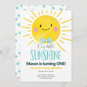 Our Little Sunshine Boy Blue Bow Tie Sun Birthday Invitation